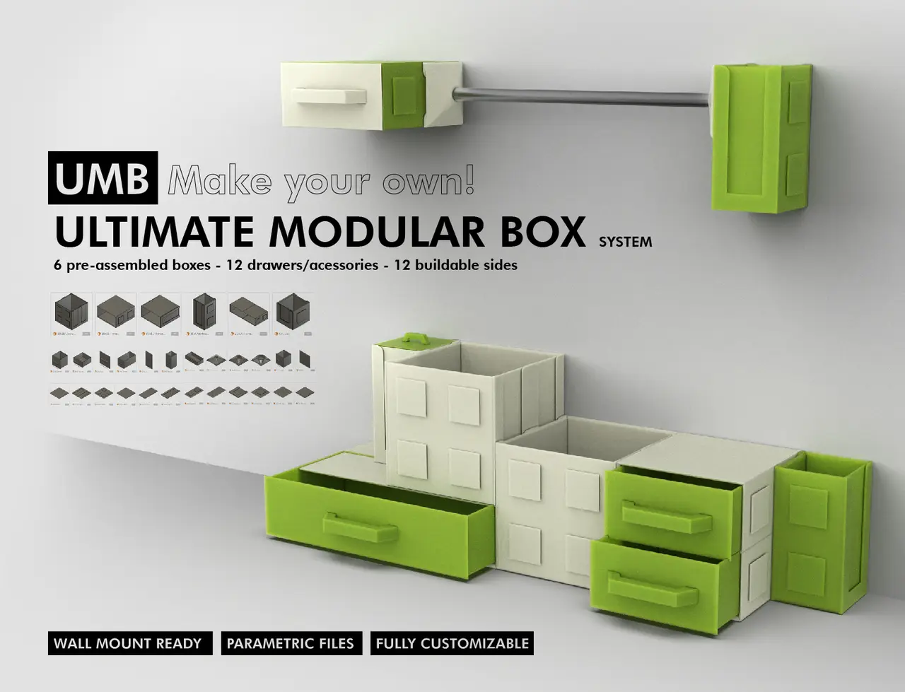 UMB - ULTIMATE MODULAR BOX SYSTEM! More than 30 parametric parts for you customize your storage — modelo 3D