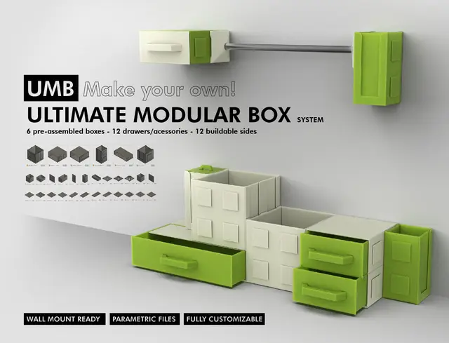 UMB - ULTIMATE MODULAR BOX SYSTEM! More than 30 parametric parts for you customize your storage — modelo 3D