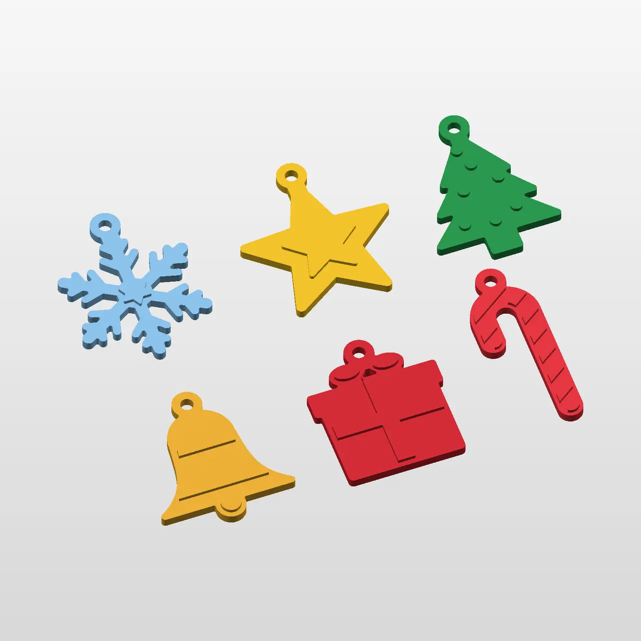 Christmas Ornaments Set of 6 - Flat, No Supports - Snowflake, Star, Tree, Bell, Gift, Candy Cane — modelo 3D