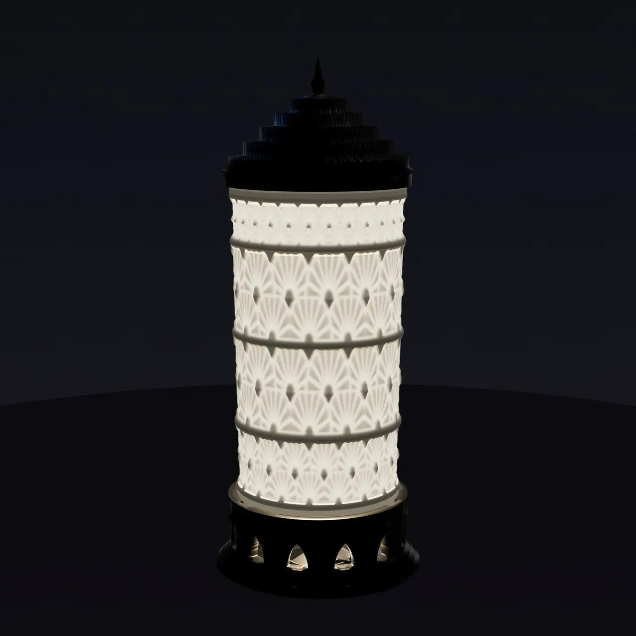 Art Deco Fan Lantern - Lithophane LED Table Lamp with Ziggurat Crown, Spire and Stepped Bayonet Base — modelo 3D