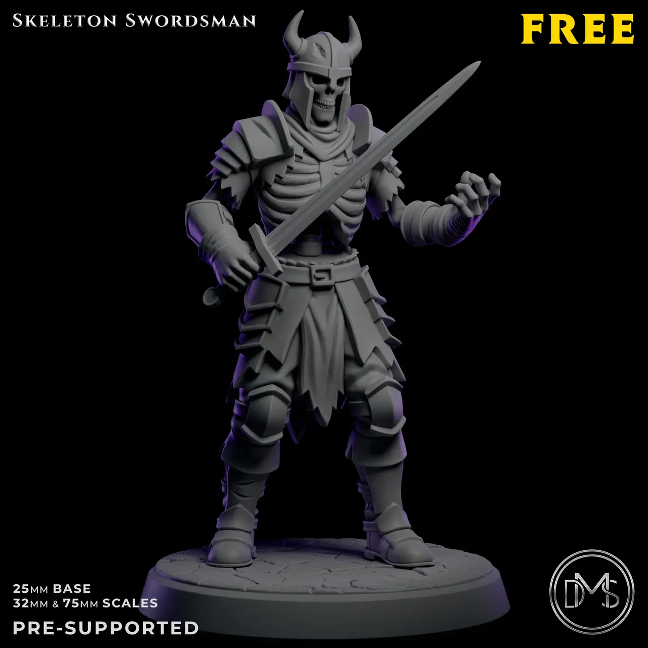 FREE Armored Skeleton Swordsman Miniature | D&D / TTRPG | Pre-Supported 32mm & 75mm — modelo 3D
