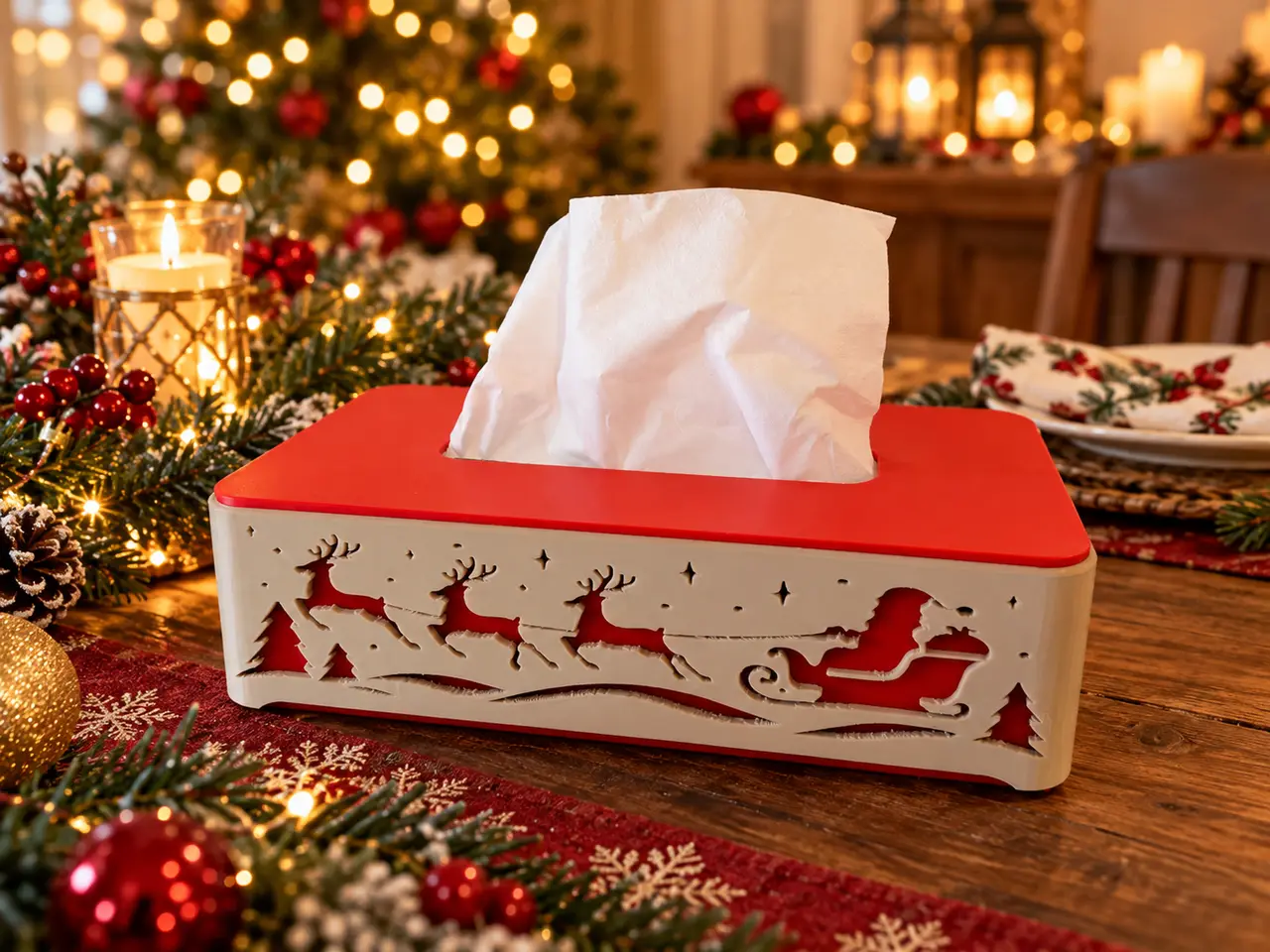 Christmas Tissue Box Cover – Santa and Reindeer — modelo 3D