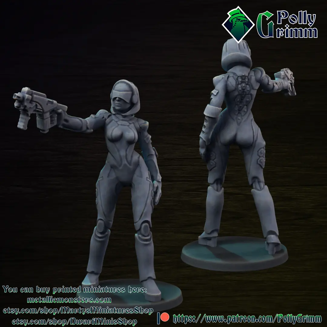 Droid android robot woman with pistol. Sci-fi miniature — modelo 3D