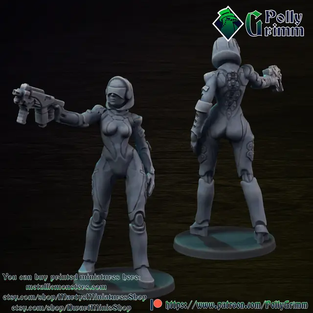 Droid android robot woman with pistol. Sci-fi miniature — modelo 3D
