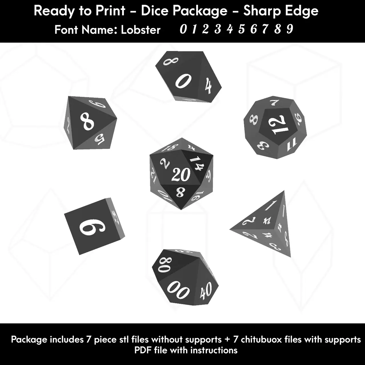Dice Masters – Ready to Print - 7 Piece Set – Presupported STL Files for 3D Printing – Featuring the amazing Lobster Font — modelo 3D