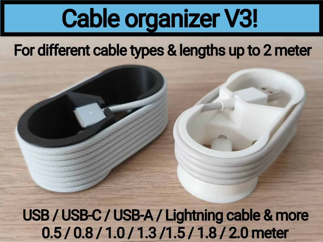 Cable organizer V3 up to 2 meter cables - USB, etc — modelo 3D