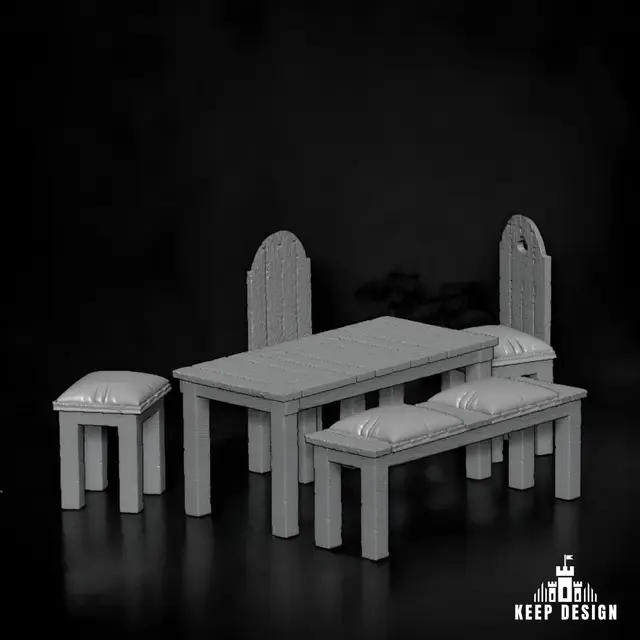 Wooden Table, Chairs and Bench Tavern free set — modelo 3D