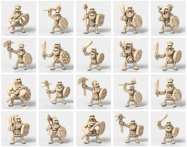 20 stone age orcs leaders/elite with skull helmet style 1, 1 handed weapon and shield [PHSASHHLM_style1_lot1] — modelo 3D