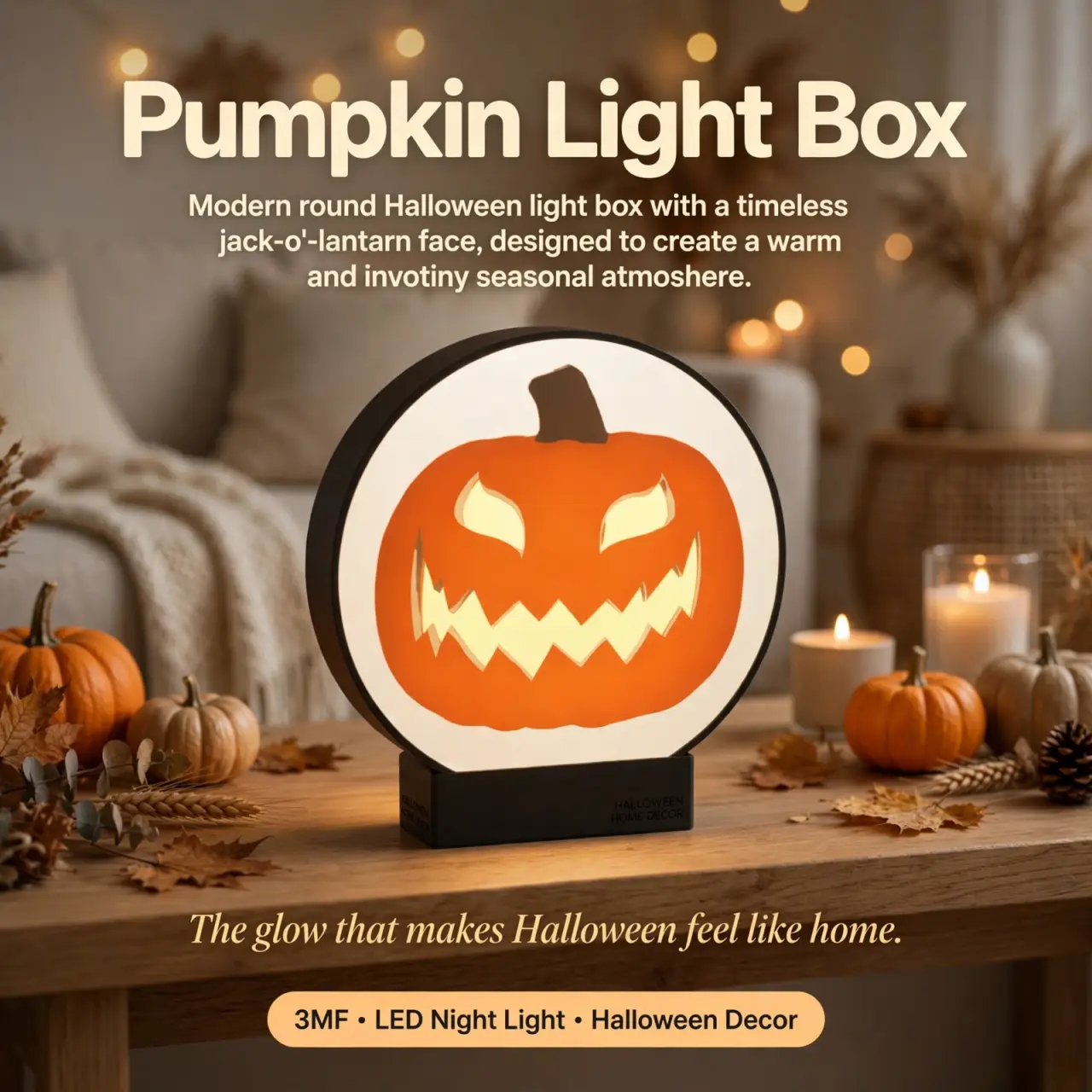 Pumpkin Light Box 3MF | Round Halloween Night Light | Autumn Home Decor — modelo 3D