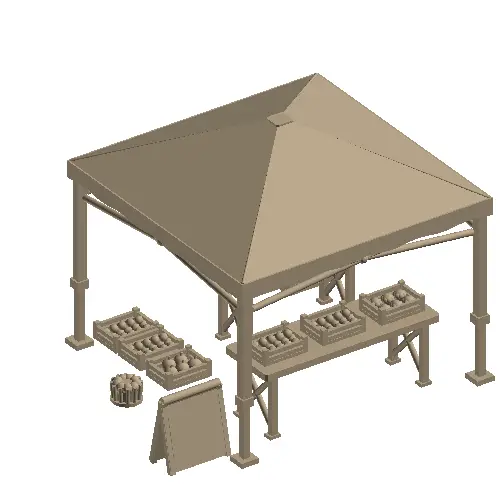 N Scale Roadside Fruit Stand – Pop-Up Canopy Tent with Tables, Crates & Sign (1:160) — modelo 3D