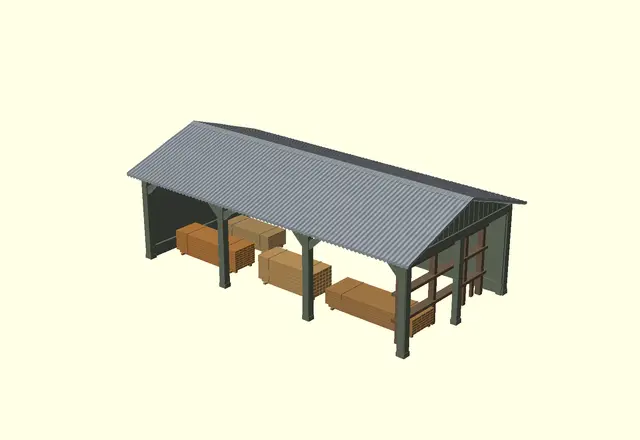 N Scale Lumber Storage Shed Kit – Open-Front Three-Bay Shed with Lumber Loads (1:160) — modelo 3D