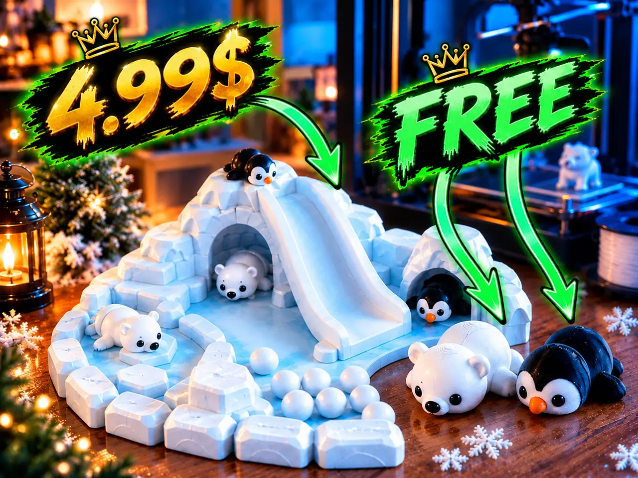 3D Printed Winter Arctic Playset - Polar Bear & Penguin — modelo 3D