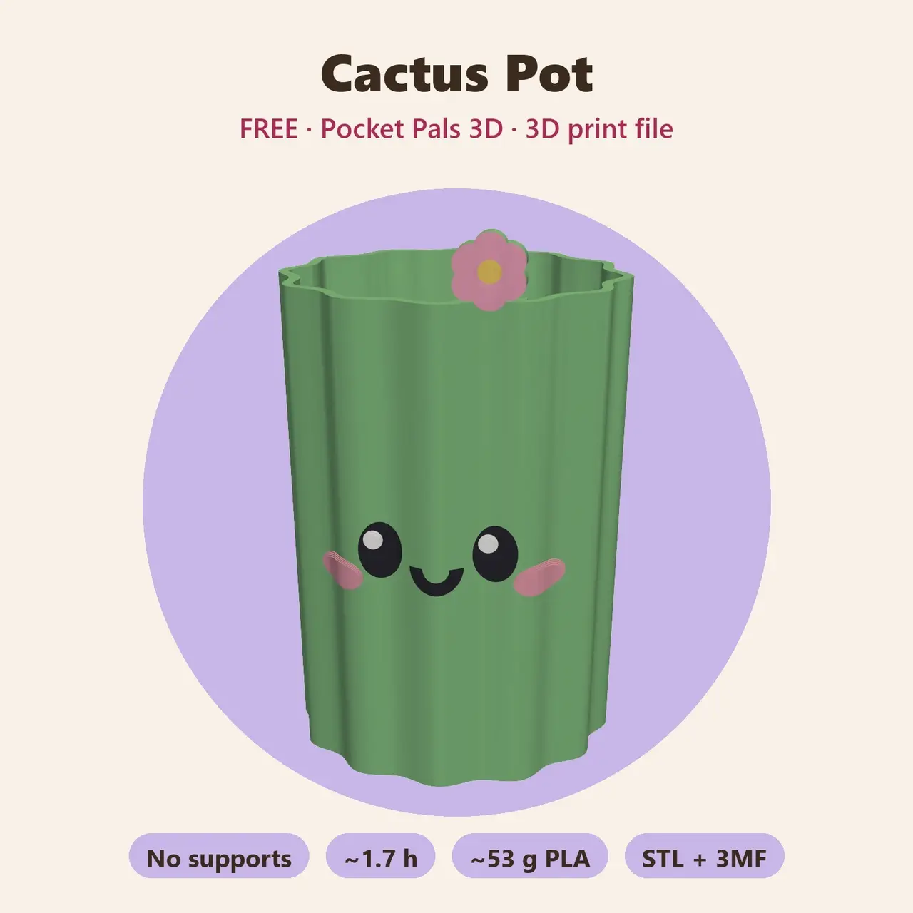 Cactus Pot – Free Kawaii Planter / Pen Cup, No Supports — modelo 3D