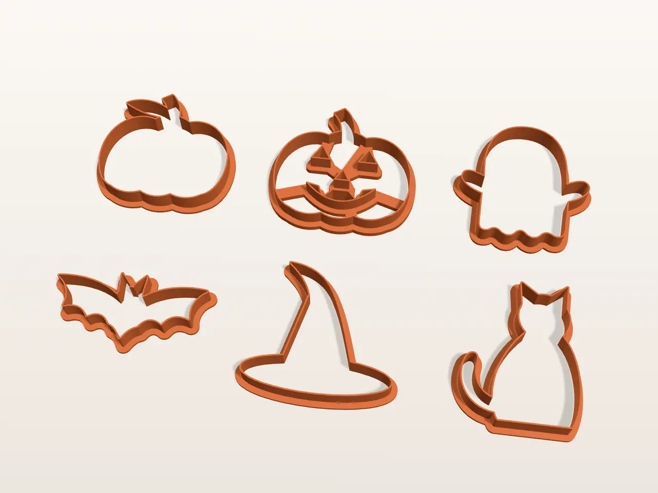Halloween Cookie Cutters – 6 Pack: Pumpkin, Ghost, Bat, Witch Hat, Cat — modelo 3D