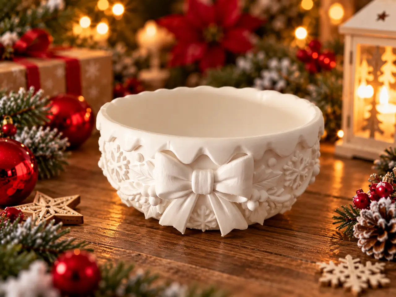 Christmas Bowl with Bow and Winter Decorations — modelo 3D