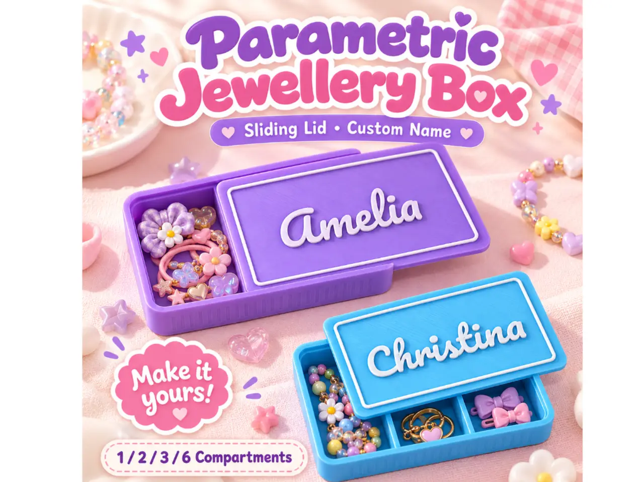 Parametric Jewellery Box | Custom Name Sliding Lid — modelo 3D