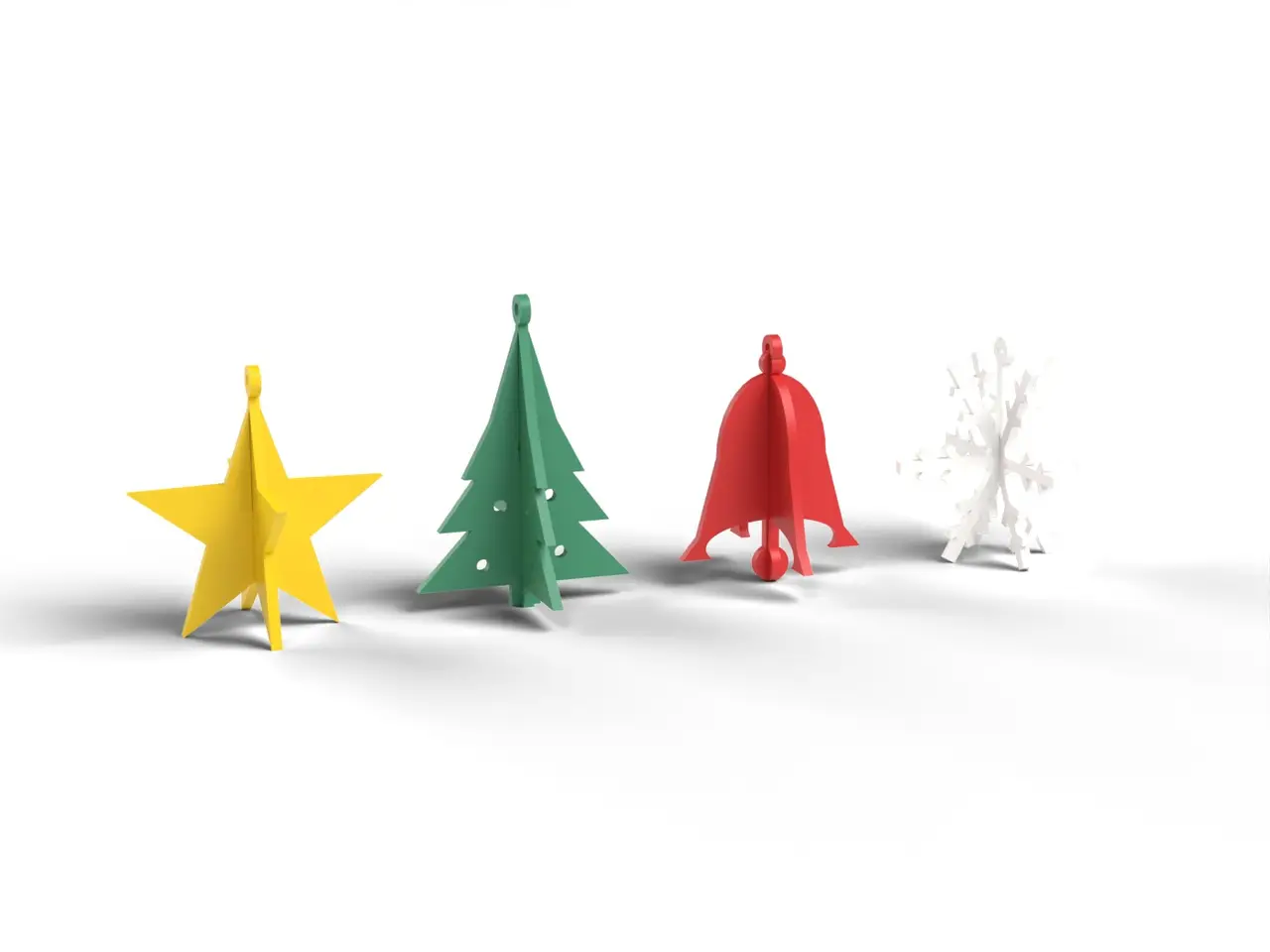 Slot-Together 3D Christmas Ornaments - Star, Tree, Bell, Snowflake, Fast Flat Print (OpenSCAD) — modelo 3D