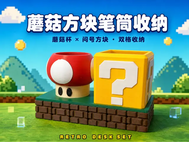 马里奥收纳蘑菇和方块笔筒收纳（多色拆件） — modelo 3D