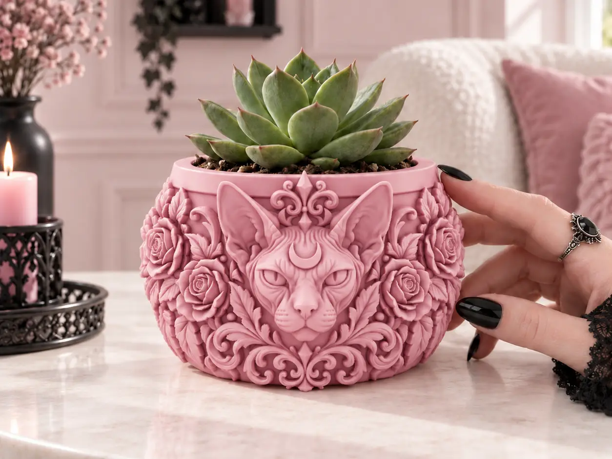 Goth Sphynx Cat Crescent Moon Rose Planter — modelo 3D