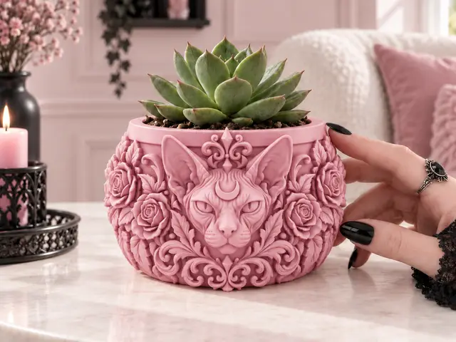 Goth Sphynx Cat Crescent Moon Rose Planter — modelo 3D