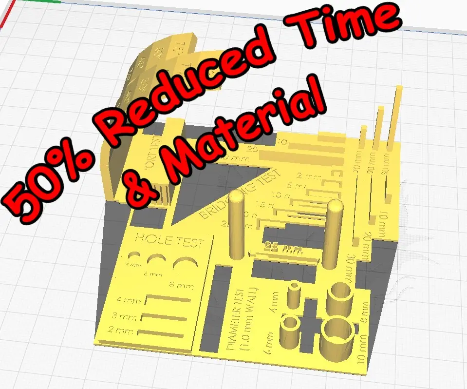 50% Reduced Print Time and Plastic + Separate Models - Complete 3D Printer test all in one (stress test, bed level test, retraction test, calibration test, tolerance test, support test) — modelo 3D