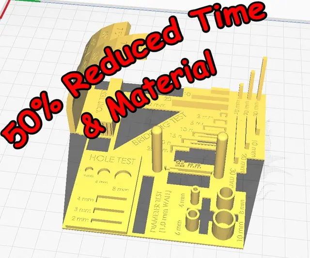 50% Reduced Print Time and Plastic + Separate Models - Complete 3D Printer test all in one (stress test, bed level test, retraction test, calibration test, tolerance test, support test) — modelo 3D