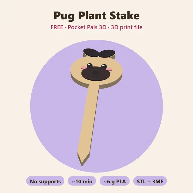 Pug Plant Stake – Free Kawaii Dog Breed Plant Stake, No Supports — modelo 3D
