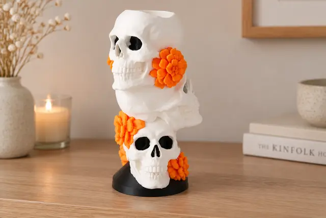 Marigold Skull Tower Vase – Day of the Dead Decor — modelo 3D