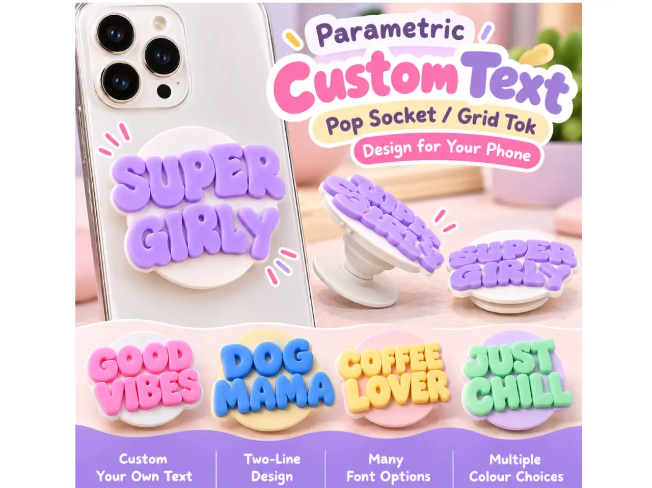 Parametric Custom Text Phone Grip | PopSocket — modelo 3D