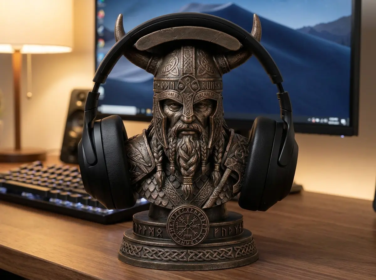 Viking Warrior Headphone Stand Bust – Norse Mythology Desk Organizer — modelo 3D