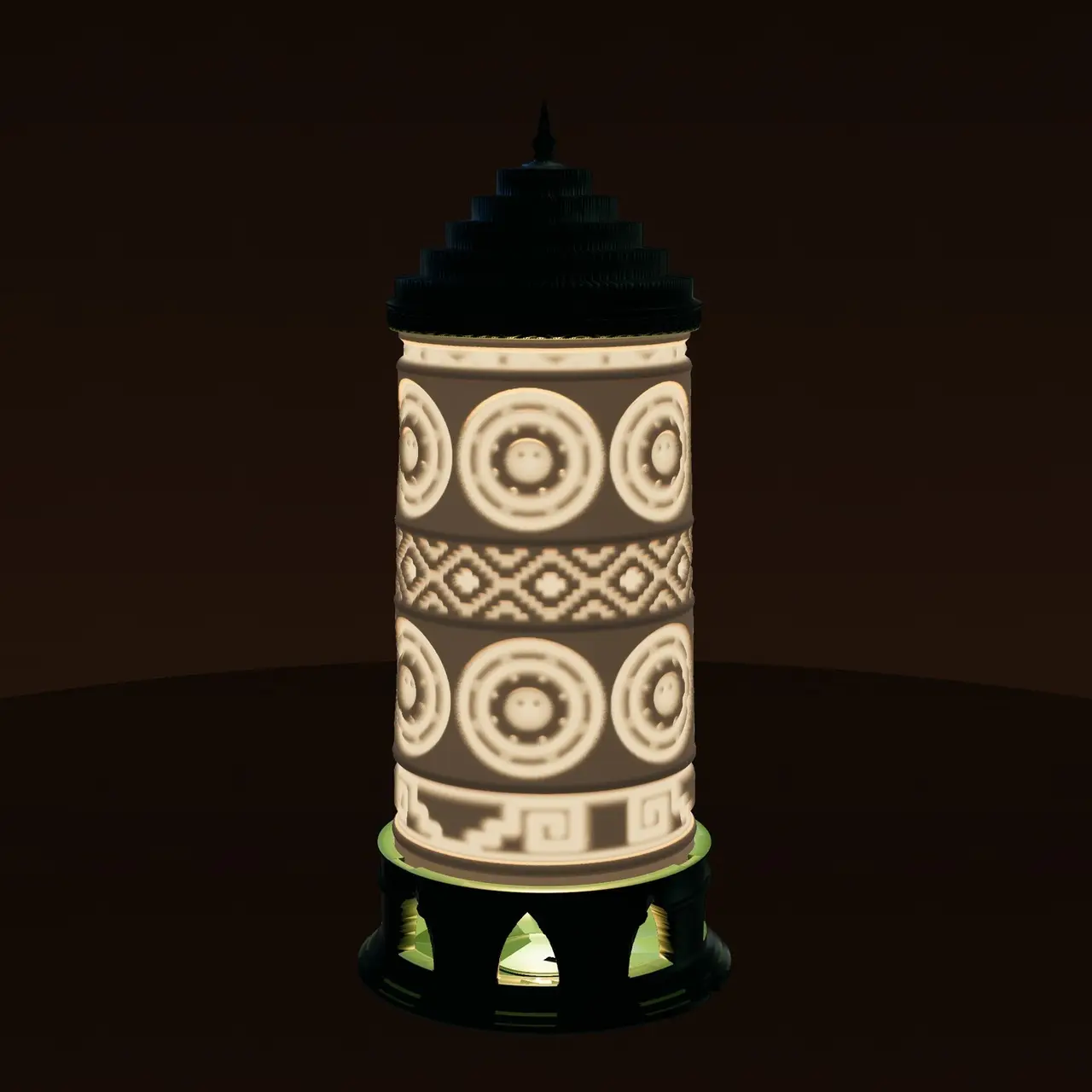 Aztec Sun Stone Lantern - Lithophane LED Lamp with Step-Fret Bands, Pyramid Crown and Temple Base — modelo 3D