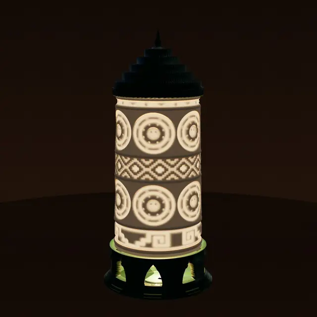 Aztec Sun Stone Lantern - Lithophane LED Lamp with Step-Fret Bands, Pyramid Crown and Temple Base — modelo 3D