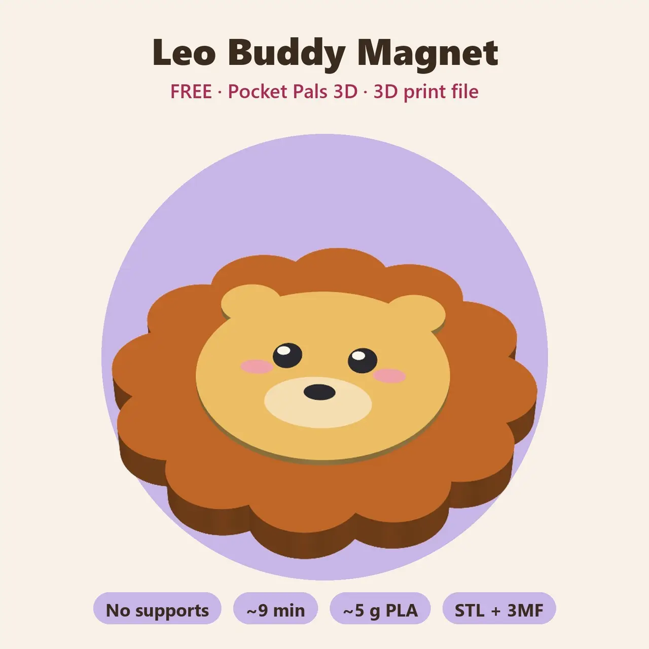 Leo Buddy Magnet – Free Kawaii Zodiac Fridge Magnet, No Supports — modelo 3D