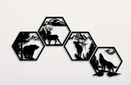 4pcs Decorative Frames Elk Deer Wolf Bear Hexagonal — modelo 3D