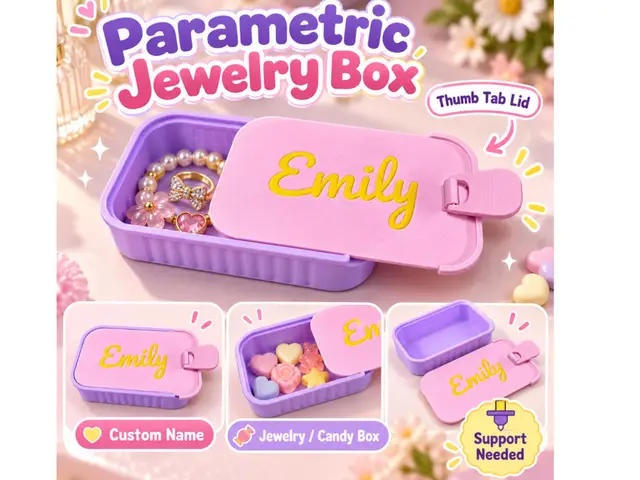 Parametric Jewelry Box Sliding Lid Tab Custom Name — modelo 3D