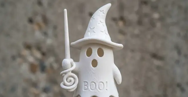 Cute Ghost Wizard with Magic Wand and BOO Text — modelo 3D