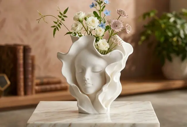 Elegant Face Vase with Flowing Petals Design — modelo 3D