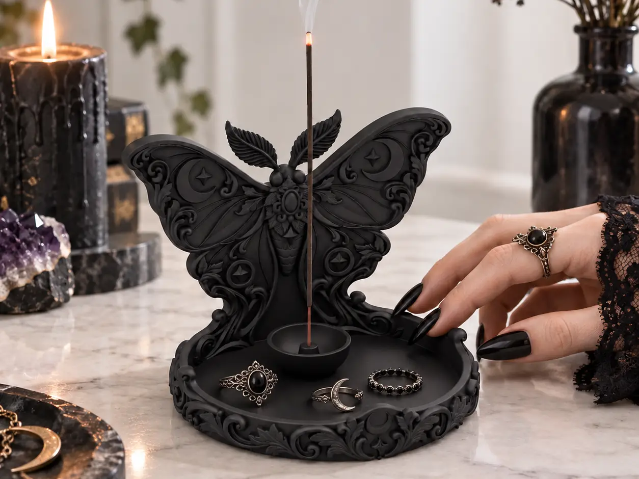 Goth Moon Moth Incense Holder Jewelry Tray Decor — modelo 3D
