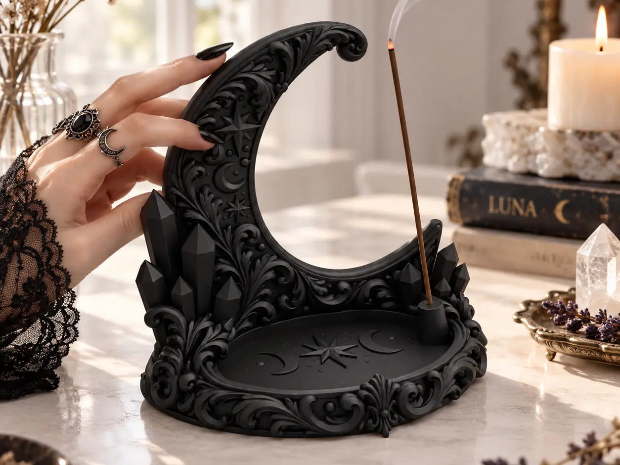Goth Crescent Moon Crystal Incense Holder Tray — modelo 3D