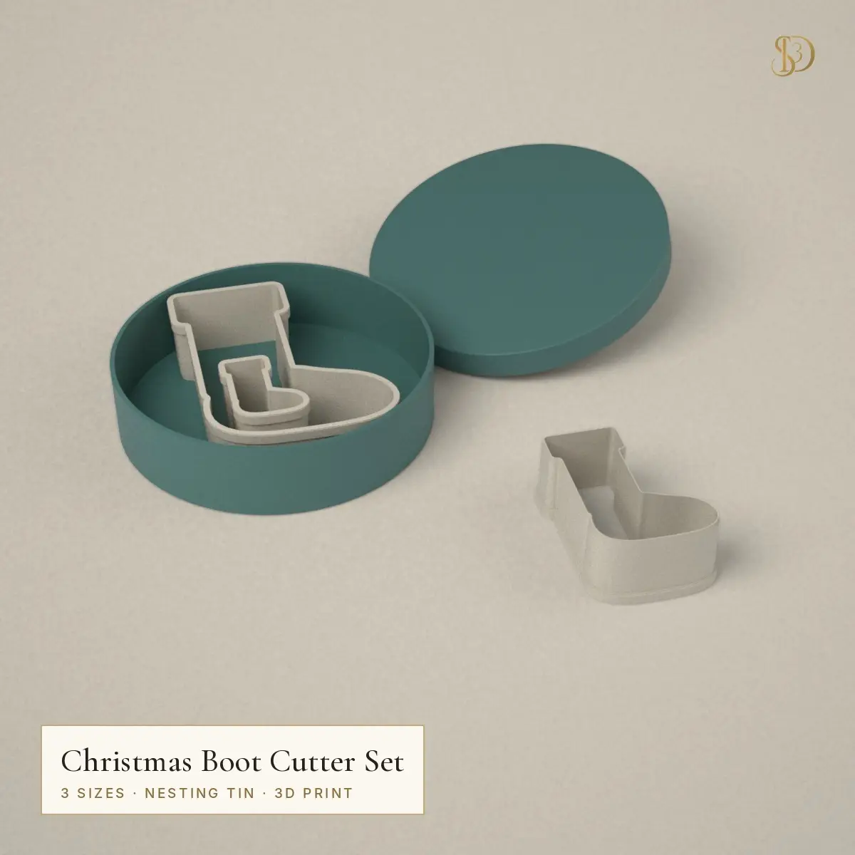 Christmas Boot Cookie Cutter Set – 3 Nesting Stocking Cutters 3.6–10.4 cm with Storage Tin — modelo 3D