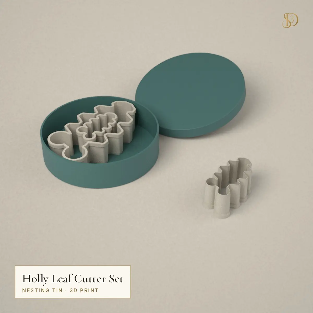 Holly Leaf Cookie Cutter Set – 3 Nesting Cutters 4.6–10.3 cm with Storage Tin — modelo 3D