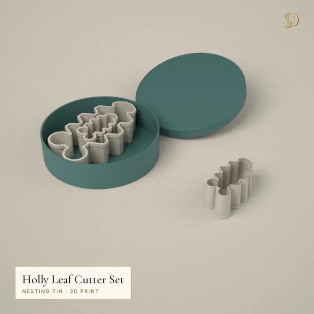 Holly Leaf Cookie Cutter Set – 3 Nesting Cutters 4.6–10.3 cm with Storage Tin — modelo 3D