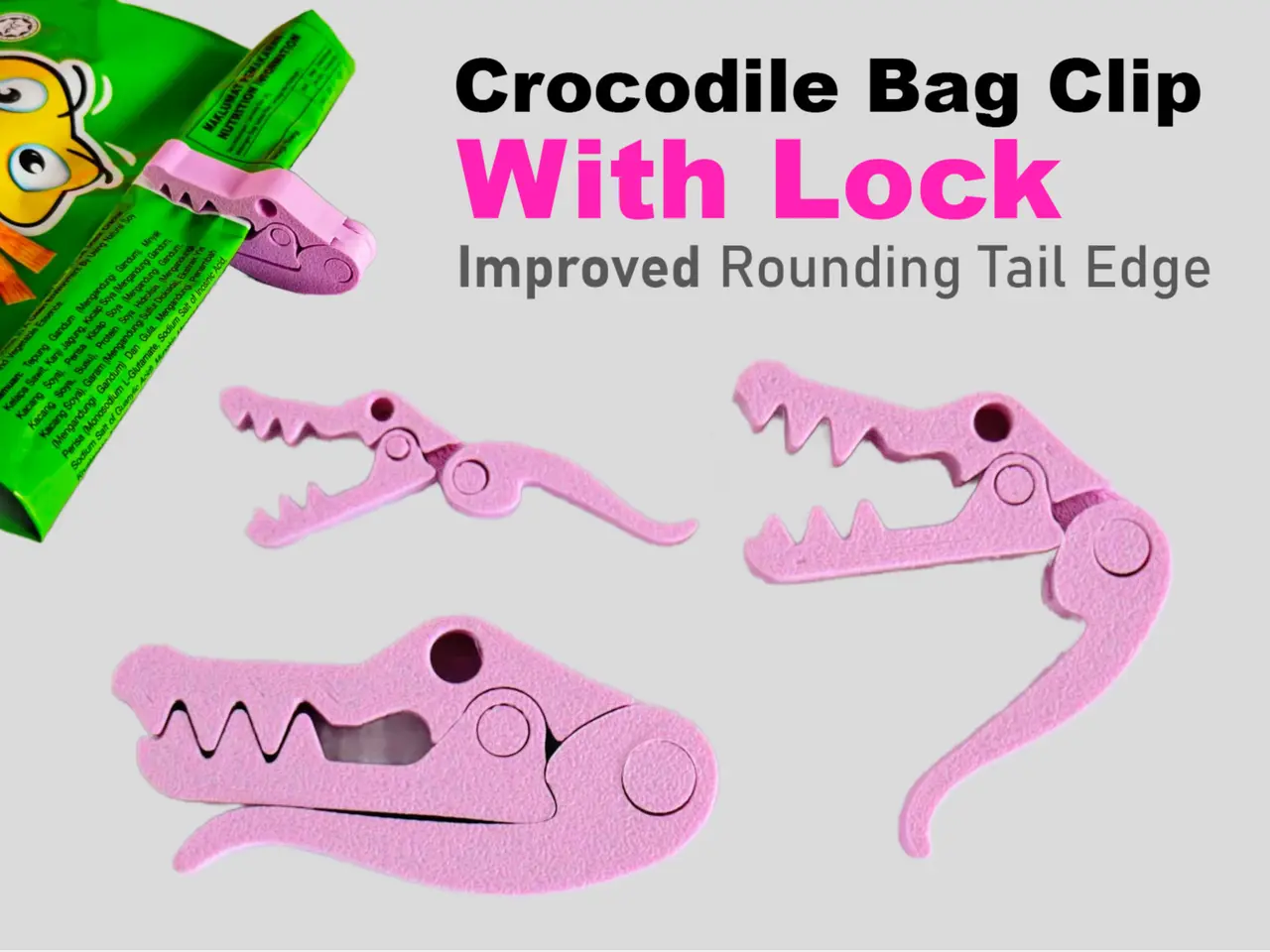 Crocodile Bag Clip With Lock - Print In Place — modelo 3D