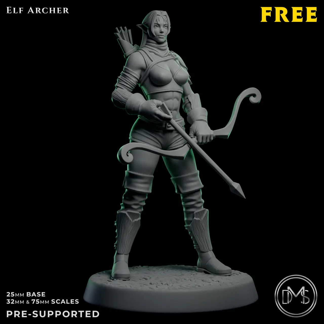 FREE Female Elf Archer Miniature | D&D / TTRPG | Pre-Supported 32mm & 75mm — modelo 3D