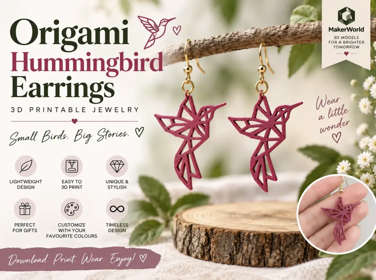 Origami Hummingbird Earrings — modelo 3D