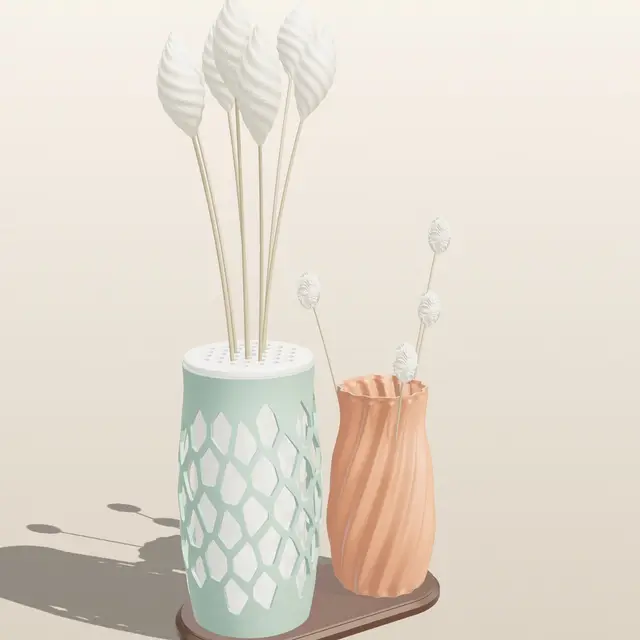 Geometric Vase Duo – Voronoi Lantern Vase with Watertight Liner & Flower Frog + Twisted Fluted Vase on Duo Plinth — modelo 3D