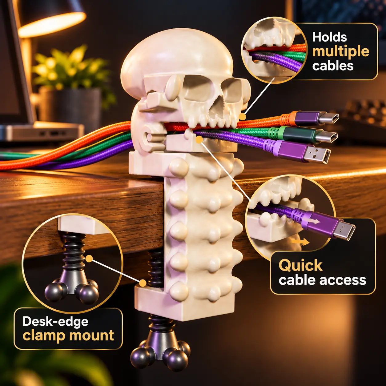 Skull & Spine Desk Clamp Cable Holder - Biting Jaw Cord Organizer — modelo 3D