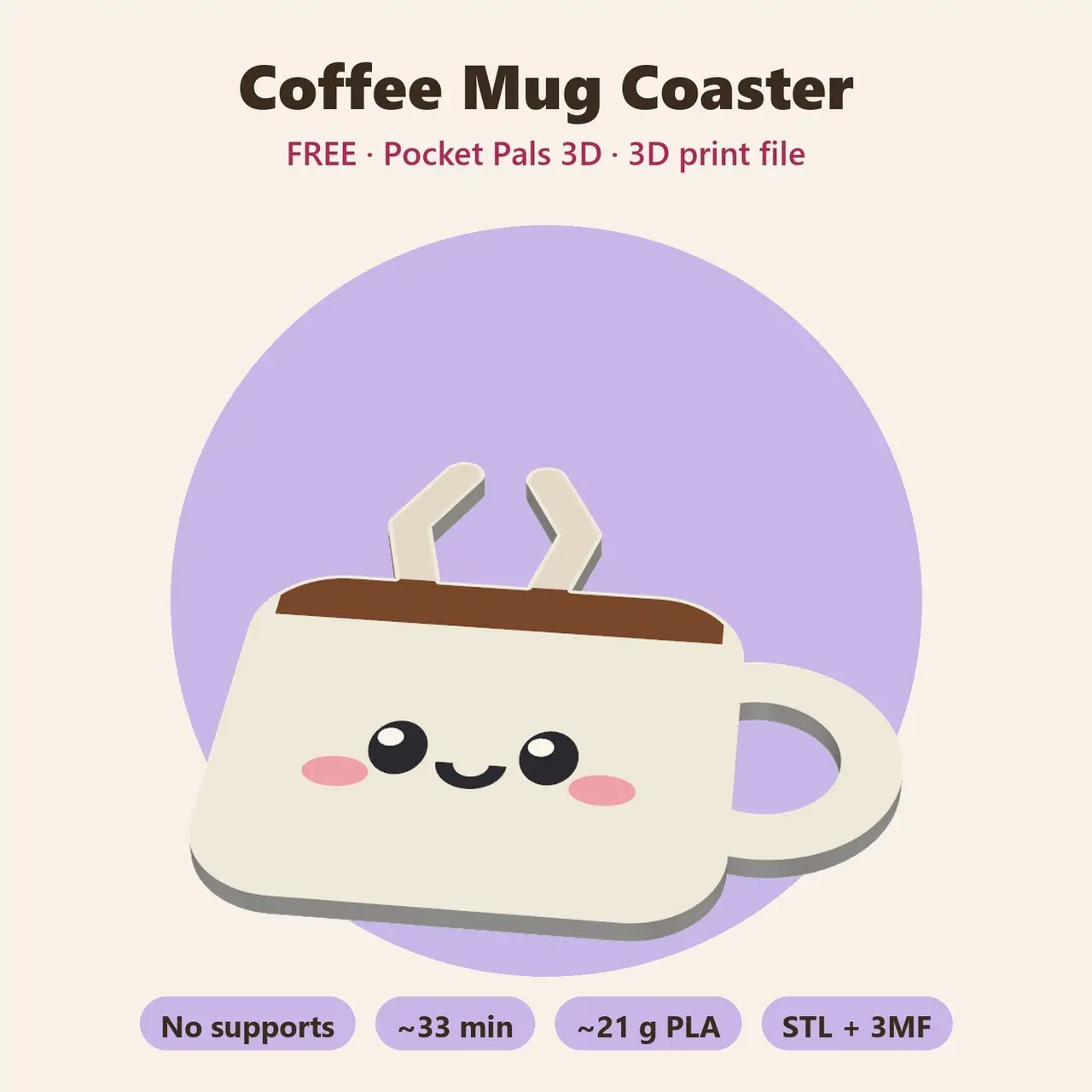 Coffee Mug Coaster – Free Kawaii Food Coaster, No Supports — modelo 3D
