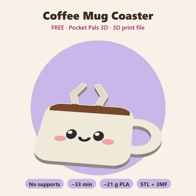 Coffee Mug Coaster – Free Kawaii Food Coaster, No Supports — modelo 3D