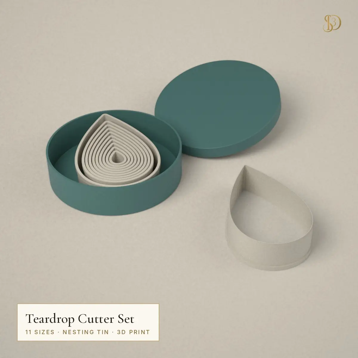 Teardrop Cookie Cutter Set – 11 Nesting Petal Cutters 1.9–12.2 cm with Storage Tin — modelo 3D